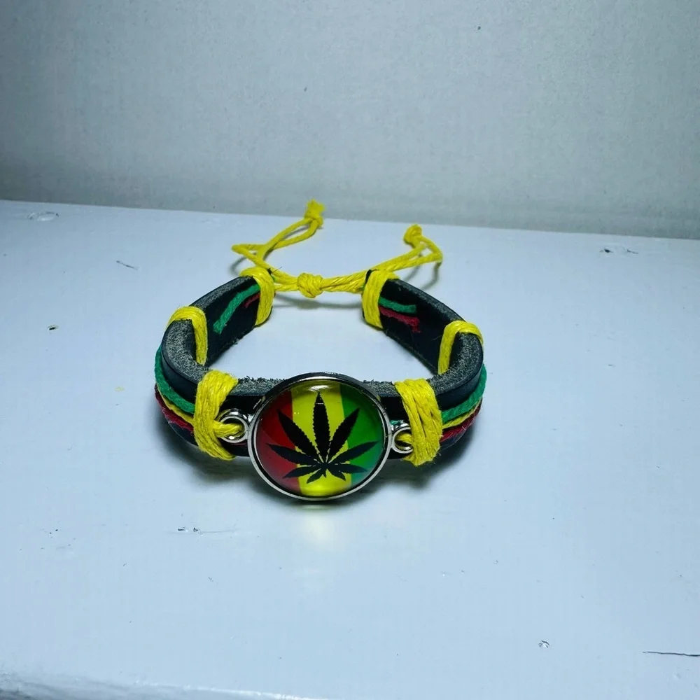 Handcrafted Rasta Bracelet with Leaf Emblem
